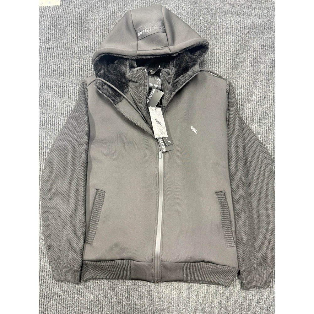 Stone Falcon Men's L Black Hooded Jacket Faux Fur Lined Full Zip NWT